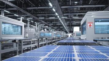 Solar panels being moved on conveyor belts during high tech production process in green technology factory, 3D render. PV cells used to produce eco friendly electricity being placed on assembly lines photo
