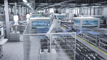 industrial robot brazos colocación solar paneles en grande producción línea en moderno sostenible fábrica. fotovoltaica siendo ensamblado en transportador cinturones dentro fabricación instalación, 3d hacer foto
