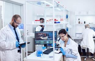 Mix raced scientist using tablet pc and microscope in lab. Team of researchers doing pharmacology engineering in sterile laboratory for healthcare industry with african assistant in the background. photo