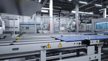 Industrialized solar panel factory with robotic arms placing photovoltaic modules on assembly lines, 3D illustration. Manufacturing facility producing solar cells for energy industry photo