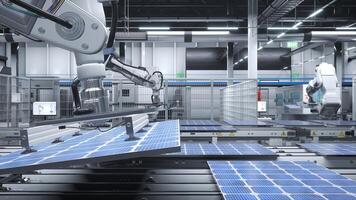industrial robot brazos colocación solar paneles en grande producción líneas en moderno verde energía fábrica. pv modelos siendo ensamblado en transportador cinturones dentro fabricación instalación, 3d hacer foto