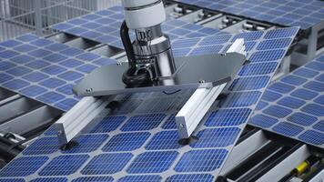 Solar panel placed on conveyor belt, operated by robot arm, moving around facility, 3D illustration. Close up of photovoltaic cell produced in green technology manufacturing warehouse photo