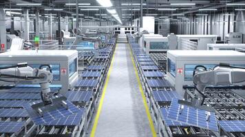 Automatized robotic arms in cutting edge solar panel warehouse handling photovoltaic modules in high tech process. Solar cells manufactured in green energy facility, 3D illustration photo