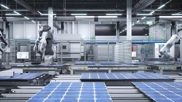 Industrial robot arms placing solar panels on large production line in modern green technology factory. Photovoltaics being assembled on conveyor belts inside facility with safety protocols, 3D render photo