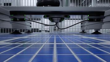 POV of solar panel placed on conveyor belt, operated by robotic arm, moving around facility, 3D rendering. Close up shot of photovoltaic cell produced in high tech modern manufacturing warehouse photo