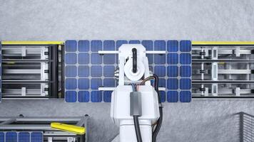pov de robótico brazos Moviente solar paneles en transportador cinturones durante alto tecnología producción proceso en limpiar energía fábrica, 3d ilustración. pesado maquinaria unidad colocación pv células en montaje líneas foto