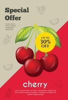 Flyer special offer for cherry fruit product. Fruit promotion flyer vector