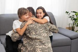 Little girl with her military father at home photo