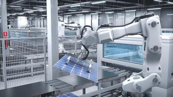 Autonomous robot arm in cutting edge solar panel factory maneuvering photovoltaic modules. PV cells produced in eco friendly facility with assembly lines, 3D rendering animation photo