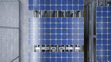 parte superior ver de solar panel montaje línea operado por alto tecnología robot brazos en moderno sostenible fábrica. aéreo Disparo de fotovoltaica producción proceso tomando sitio en automatizado instalaciones foto