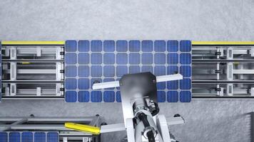 POV shot of high tech robot arm placing solar panel on assembly line in renewable energy based factory, 3D illustration. Heavy equipment unit placing PV cell on conveyor belts, top down shot photo