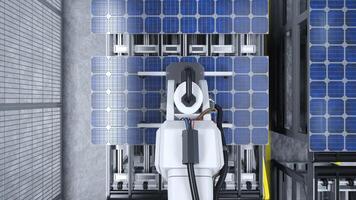 Aerial shot of high tech robotic arm placing solar panel on assembly line in renewable energy factory, 3D illustration. Heavy equipment unit placing photovoltaics on conveyor belts, top view shot photo