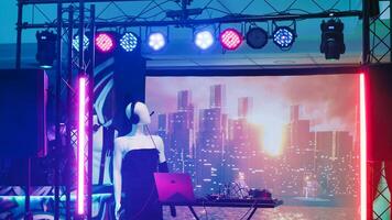 Empty partying stage with DJ panel used for live disco music at club on dance floor. Discotheque with spotlights and audio equipment station, nightclub and bar used for funky event. photo