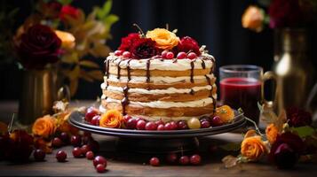 AI Generated Stack of banana pancakes on a blue plate with fresh berries and honey for breakfast photo