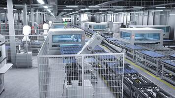 Industrial solar panel warehouse with high tech robot arms placing photovoltaic modules on assembly lines, 3D illustration. Manufacturing facility producing photovoltaics for green energy industry photo