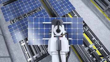 POV of robot arm moving solar panels on conveyor belts during automated production process in clean energy factory, 3D render. Machinery unit placing photovoltaic cells on assembly lines photo