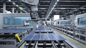 solar panel fábrica con robótico brazos colocación pv módulos en automatización líneas, 3d ilustración de industrial edificio interior. masa producción almacén productor solar células para verde energía industria foto