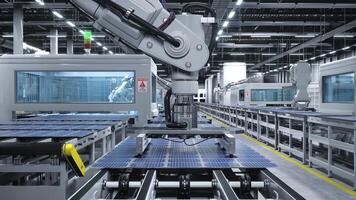 industrializado solar panel almacén con robótico brazos colocación fotovoltaica módulos en automático montaje líneas, 3d representación. fabricación instalaciones productor pv células para verde tecnología industria foto