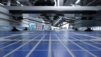 Focus on solar panels on conveyor belts with robotic arms operating in blurry background in factory, 3D animation. Photovoltaic cells being moved around facility using assembly lines, close up photo