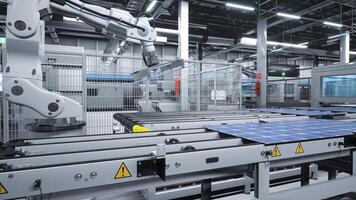 Industrial robotic arms in cutting edge solar panel factory handling photovoltaic modules in high tech automation process. PV cells manufactured in sustainable facility, 3D illustration photo