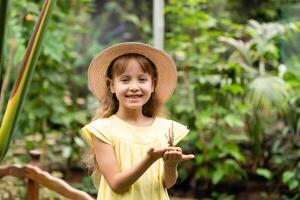 pequeño niña participación mariposa en su mano. foto