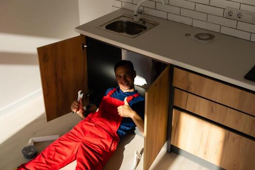 Full length portrait of smiling construction worker in uniform and tool belt isolated on white background photo