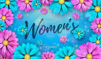 Happy Women's Day Floral Illustration. 8 March International Womens Day Vector Design with Colorful Spring Flower on Blue Background. Woman or Mother Day Theme Template for Flyer, Greeting Card, Web