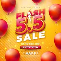 Promotional Business Flash Sale Design with 3d 5.5 Number and Party Balloon on Yellow Background. Vector May 5 Special Offer Illustration for Coupon, Voucher, Banner, Flyer, Promotional Poster