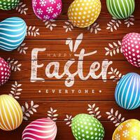 Vector Illustration of Happy Easter Holiday with Colorful Painted Egg on Vintage Wood Background. Easter Day Celebration Design with Typography Letter for Flyer, Greeting Card, Banner, Holiday Poster