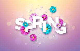 Spring Nature Design with Beautiful Colorful Flower on Shiny Violet Background. Vector Floral Illustration Template with Typography Letter for Banner, Flyer, Invitation, Poster or Greeting Card.