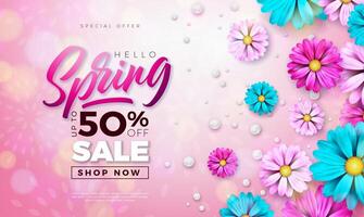 Spring Sale Design Template with Colorful Flowers and Typography Letter on Shiny Pink Background. Vector Special Offer Illustration for Coupon, Banner, Voucher or Promotional Poster.