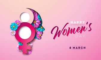 8 March International Womens Day Vector Illustration with Spring Colorful Flower in Young Woman Face Silhouette and Female Symbol on Light Pink Background. Women or Mother Day Theme Template for Flyer
