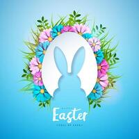 vector ilustración de contento Pascua de Resurrección fiesta con Conejo en huevo forma y primavera flor en brillante ligero azul antecedentes. Pascua de Resurrección día celebracion diseño con tipografía letra para volantes, saludo tarjeta