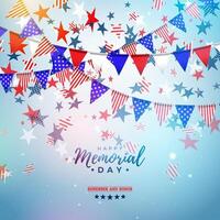 Memorial Day of the USA Vector Design Template with American Color Party Flag and Falling Stars on Shiny Blue Background. National Patriotic Celebration Illustration for Banner, Greeting Card