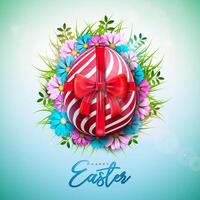 Vector Illustration of Happy Easter Holiday with Painted Egg, Red Bow and Spring Flower on Shiny Light Blue Background. International Celebration Design with Rabbit Shape and Typography for Greeting