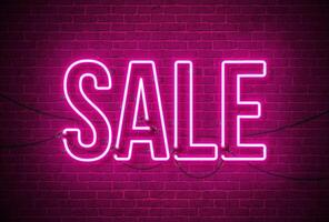 Promotional Business Theme Design with Glowing Sale Neon Light Letter on Brick Wall Background. Vector Special Offer Illustration for Coupon, Voucher, Banner, Flyer, Promotional Poster, Invitation or