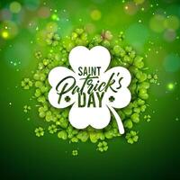 Saint Patrick's Day Illustration with Flying Clover Leaves and Typography Letter on Green Background. Irish St. Patricks Lucky Celebration Vector Design for Flyer, Greeting Card, Web Banner, Holiday