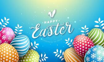 Happy Easter Illustration with Colorful Painted Egg and Typography Letter on Blue Background. Vector Easter Day Celebration Design for Flyer, Greeting Card, Banner, Holiday Poster or Party Invitation.