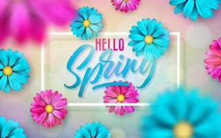 Vector Illustration on a Spring Nature Theme with Beautiful Colorful Flower on Shiny Light Background. Floral Design Template with Typography Letter for Banner, Flyer, Invitation or Greeting Card.
