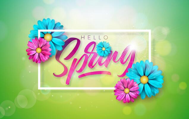 Vector Illustration on a Spring Nature Theme with Beautiful Colorful Flower on Green Background. Floral Design Template with Typography Letter for Banner, Flyer, Invitation, Poster or Greeting Card.