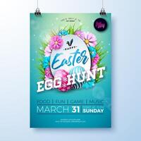 Vector Easter Egg Hunt Illustration with painted eggs and flowers on nature blue background. Spring holiday Party Flyer celebration poster design template for banner, invitation or greeting card.