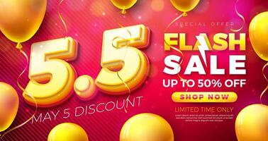 Promotional Business Flash Sale Design with 3d 5.5 Number and Party Balloon on Red Background. Vector May 5 Special Offer Illustration for Coupon, Voucher, Banner, Flyer, Promotional Poster