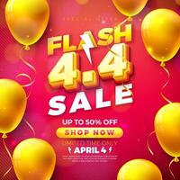 Promotional Business Flash Sale Design with 3d 4.4 Number and Party Balloon on Red Background. Vector April 4 Special Offer Illustration for Coupon, Voucher, Banner, Flyer, Promotional Poster