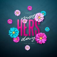 Happy Mother's Day Greeting Card Design with Flower and Typography Letter on Dark Background. Vector Celebration Illustration Template for Banner, Flyer, Invitation, Brochure, Poster.