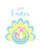Beautiful Easter card with basket of eggs on pastel background and inscription Happy Easter. vector