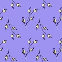 Seamless pattern of stylized yellow flower doodle on branch  on lavender background. vector