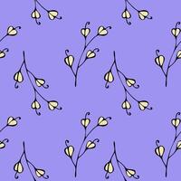 Seamless pattern of stylized yellow flower doodle on branch  on lavender background. vector