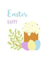 Colorful Easter celebration card with decorative eggs, traditional Easter cake and willow branches. vector