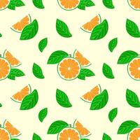 Pattern of fresh citrus slices and green leaves on yellow background, hand drawn sketch. vector