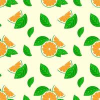 Pattern of fresh citrus slices and green leaves on yellow background, hand drawn sketch. vector